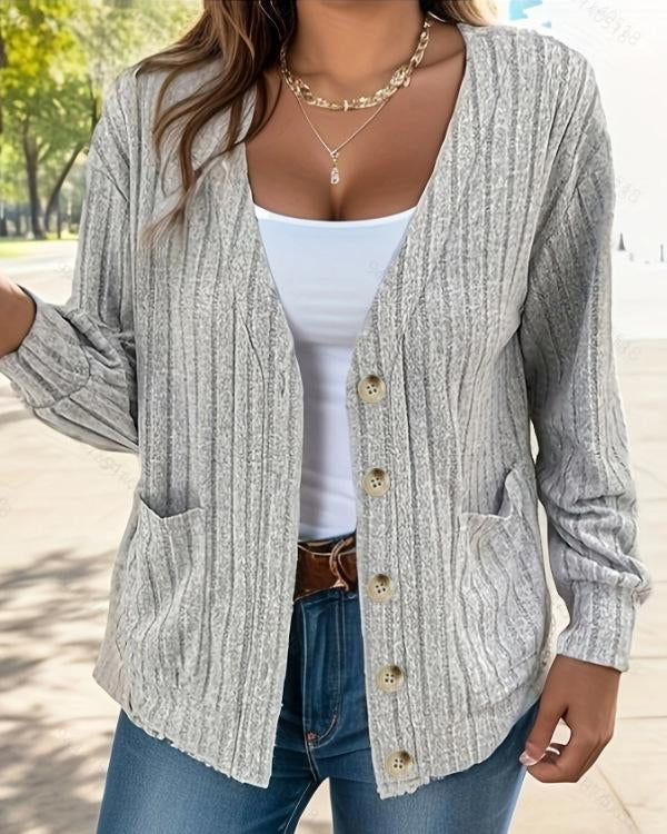 Solid Button V Neck Cardigan