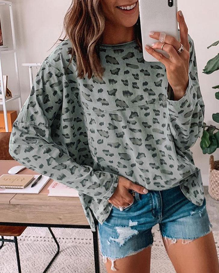 Leopard-Print Long-Sleeve Pullover Top