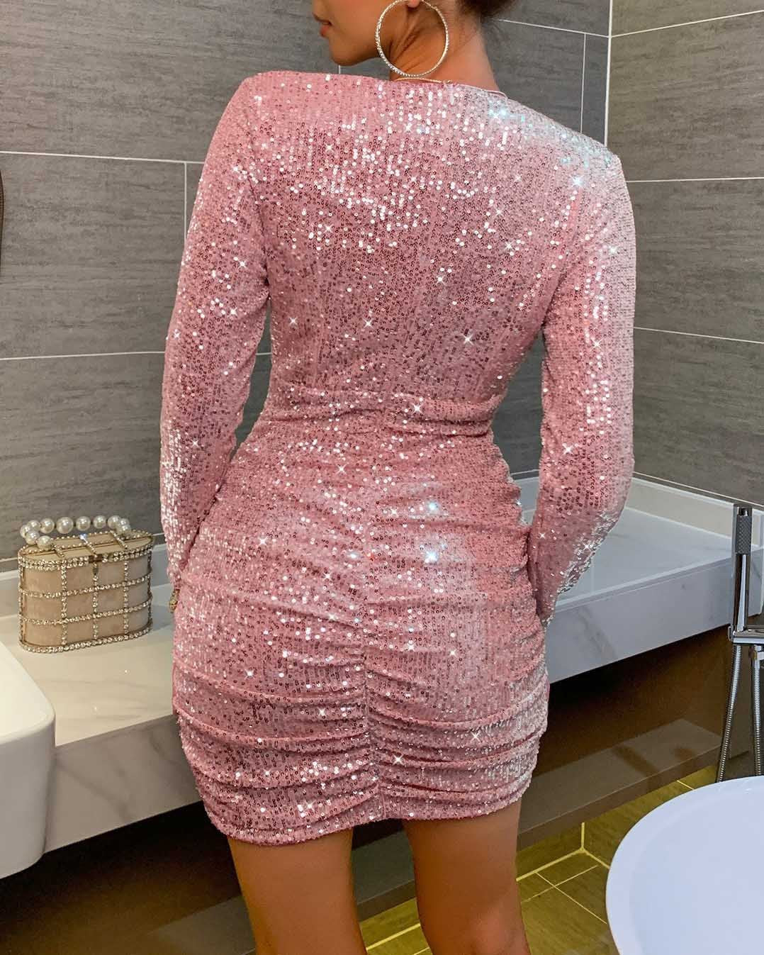 V Neck Insert Sequin Dress