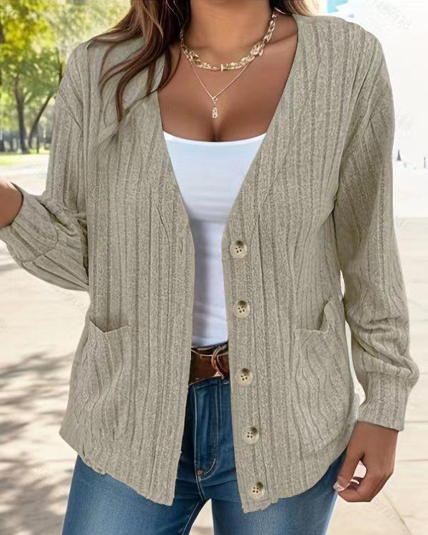 Solid Button V Neck Cardigan