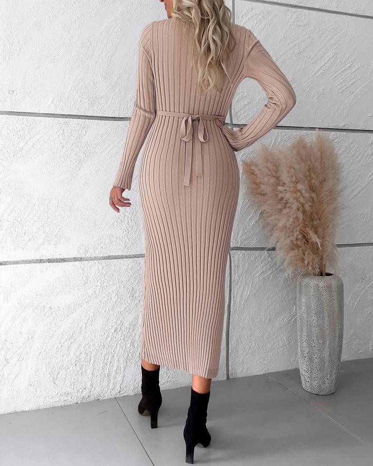 Slim Fit V Neck Knit Dress(4 Colors）