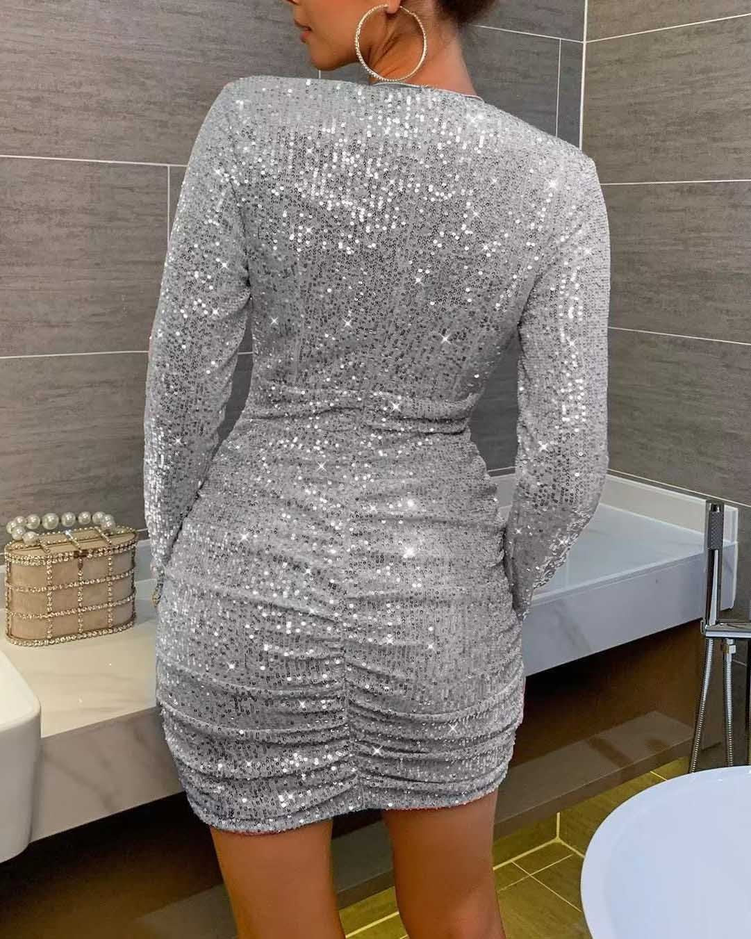 V Neck Insert Sequin Dress