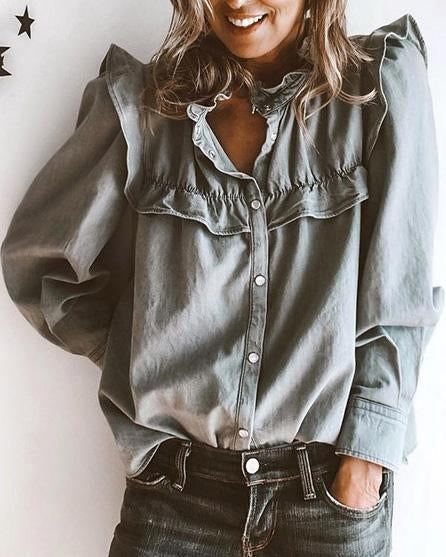 Long Sleeve Doll Collar Ruffled Denim Shirt