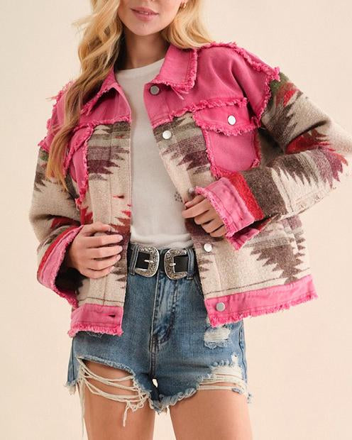 Distressed Patchwork Aztec Washed Denim Jacket