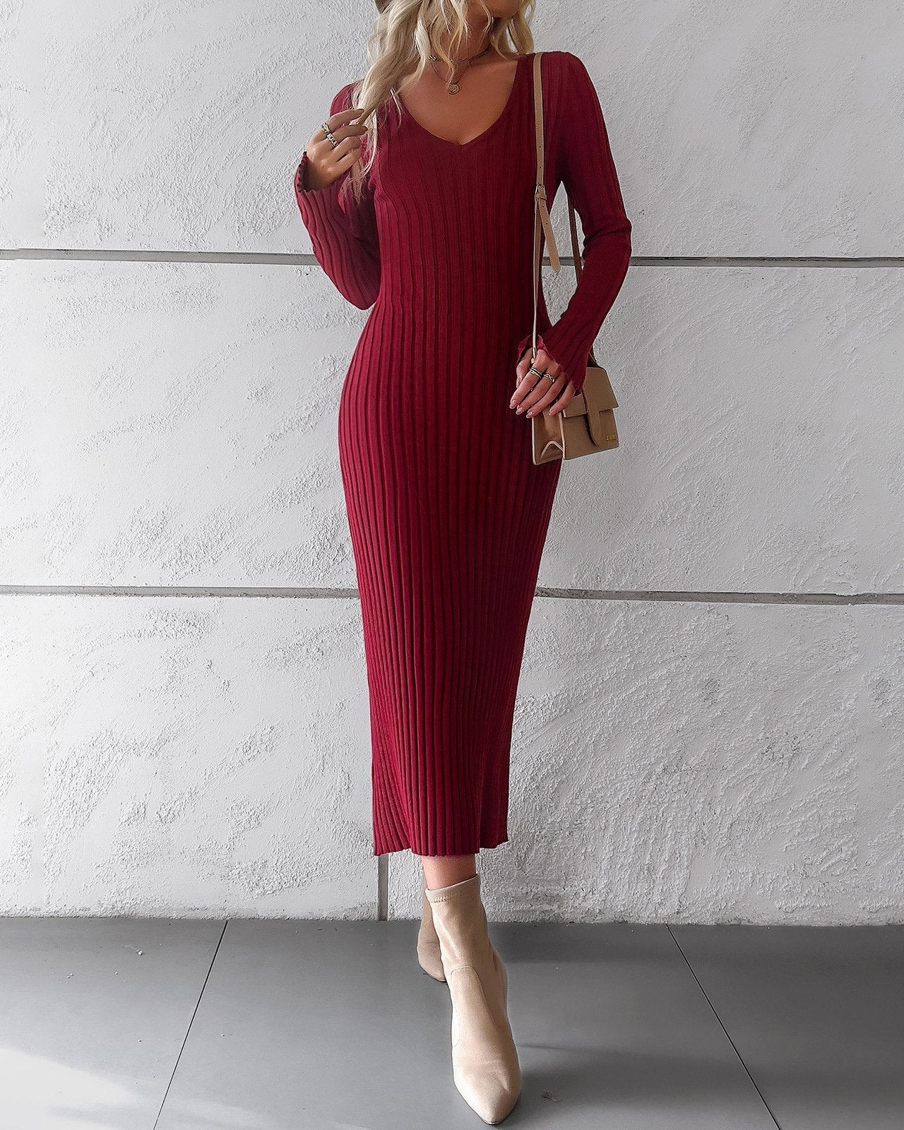 Slim Fit V Neck Knit Dress(4 Colors）