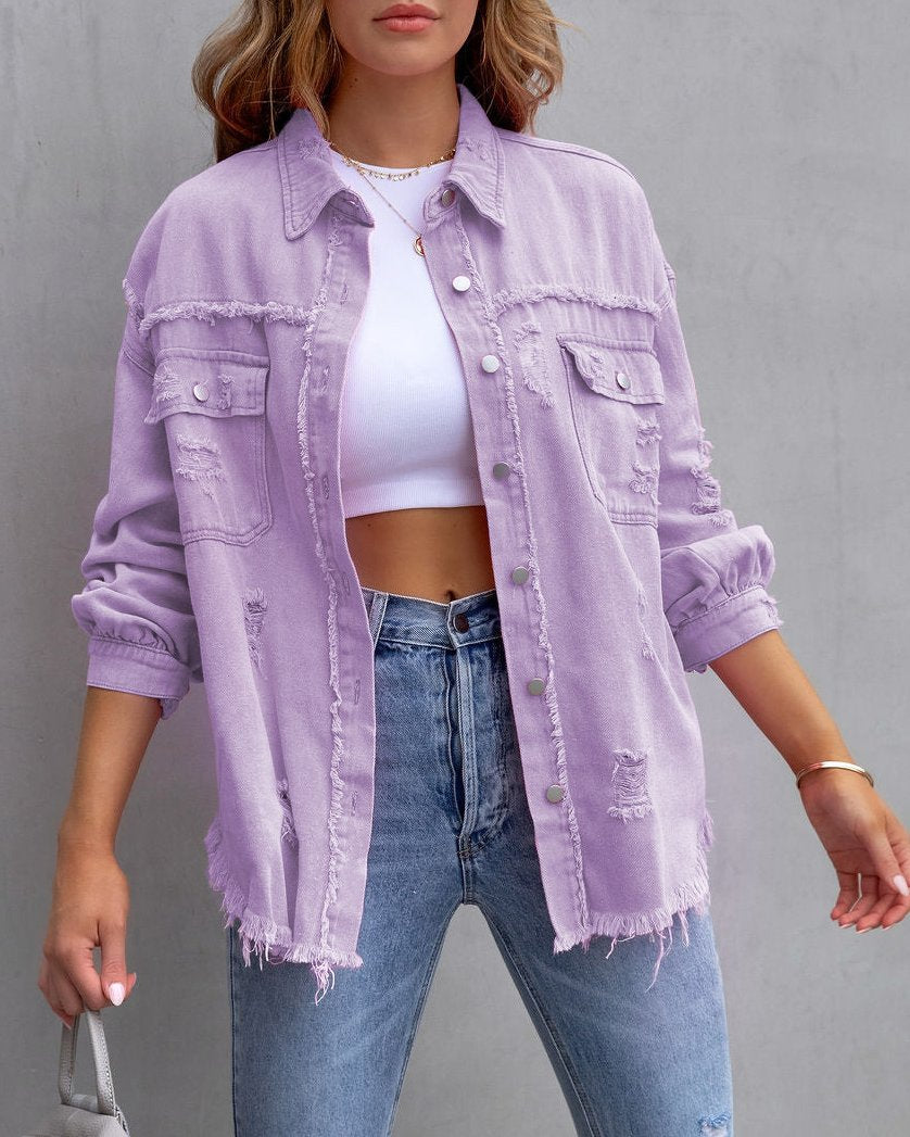 DISTRESSED LONG SLEEVE DENIM JACKET（5 COLORS）