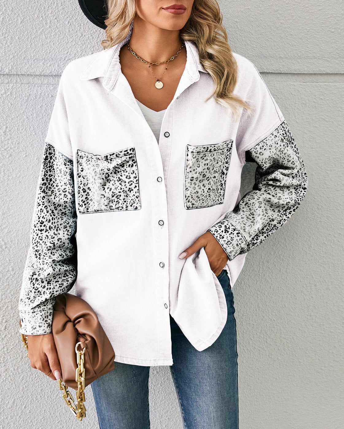 Loose Leopard Print Denim Shirt