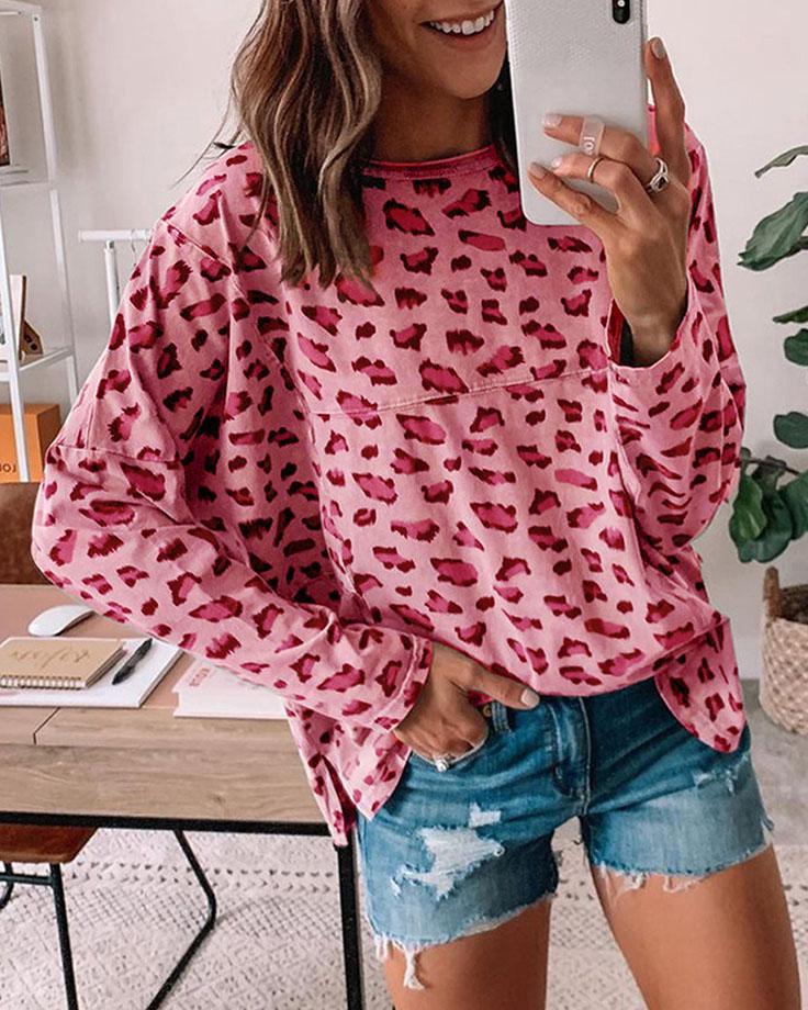 Leopard-Print Long-Sleeve Pullover Top