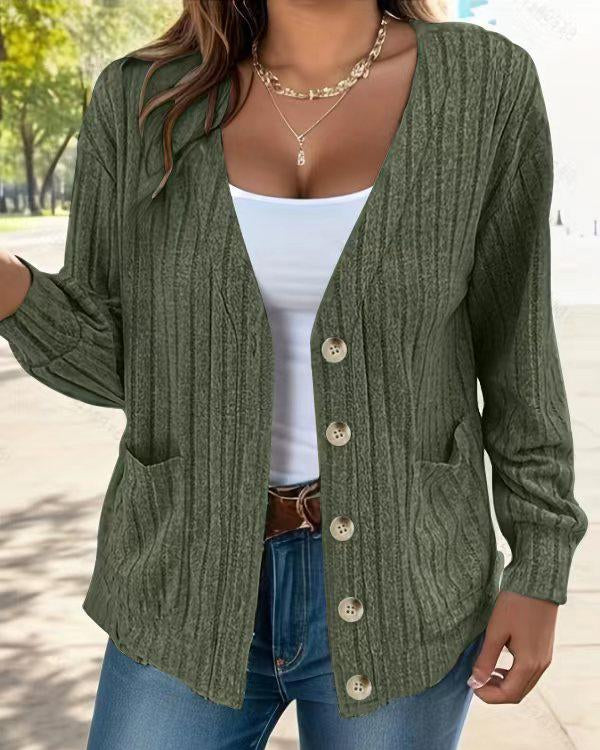 Solid Button V Neck Cardigan