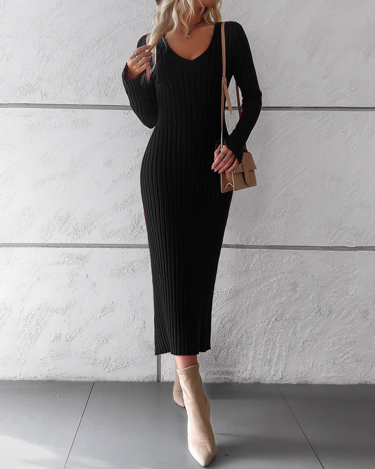 Slim Fit V Neck Knit Dress(4 Colors）