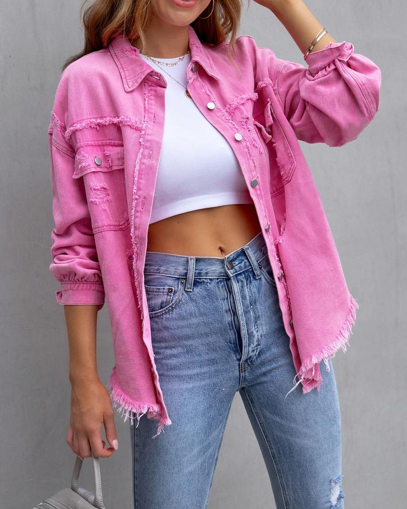 DISTRESSED LONG SLEEVE DENIM JACKET（5 COLORS）