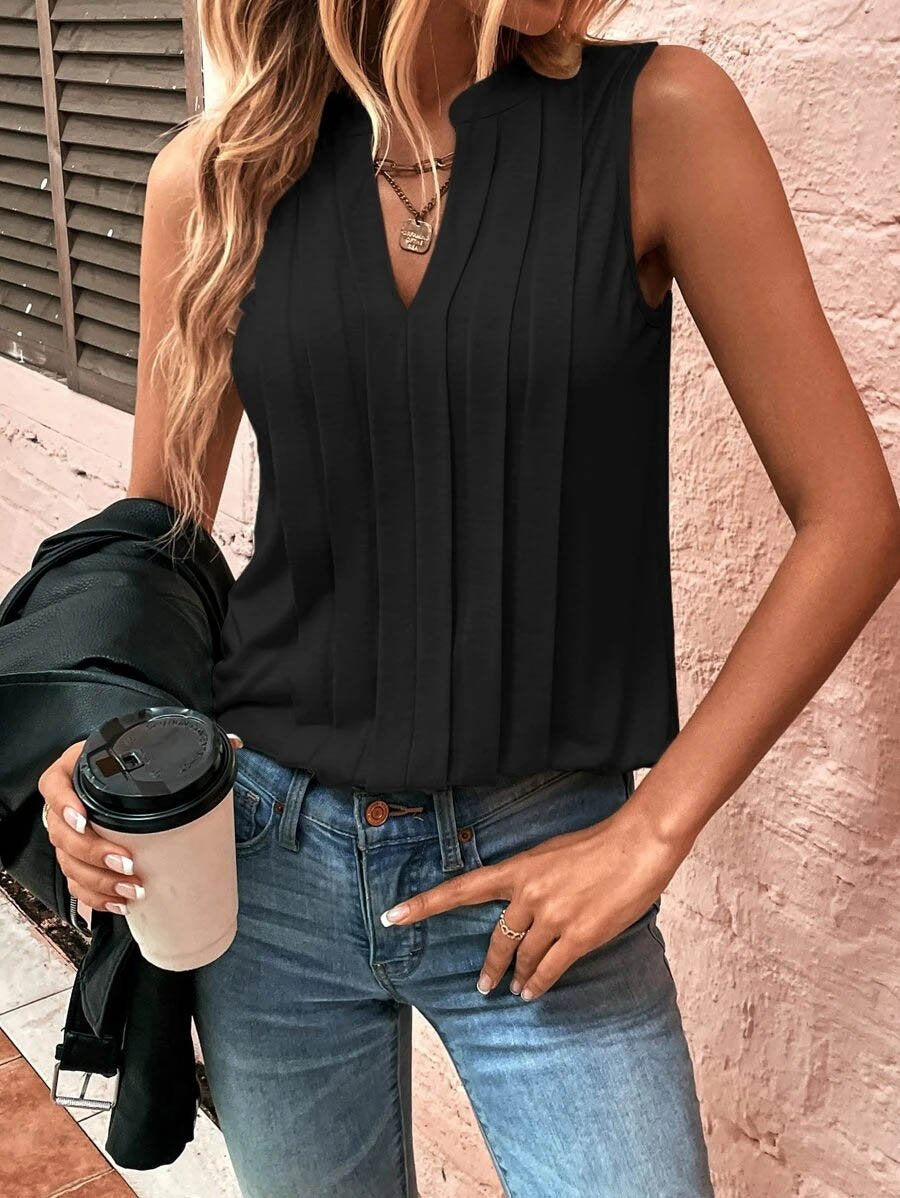 Sleeveless V-neck Pleated Vest