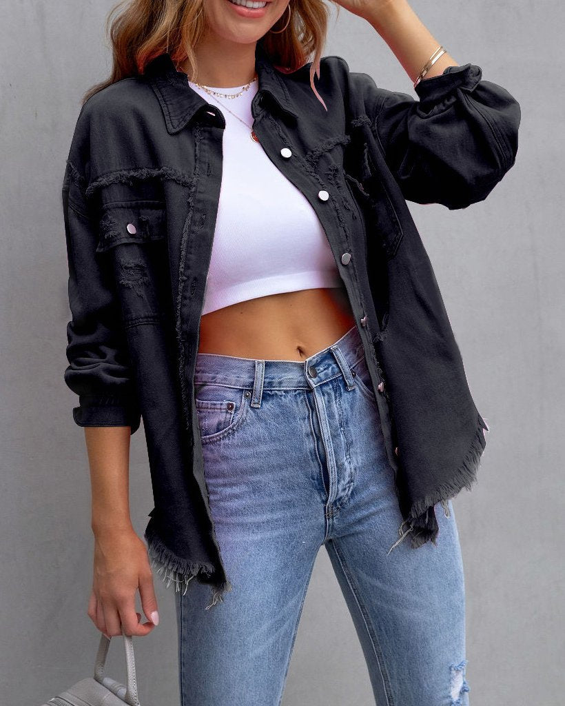 DISTRESSED LONG SLEEVE DENIM JACKET（5 COLORS）