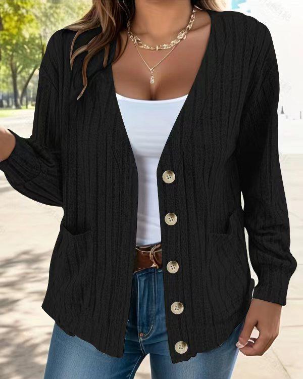 Solid Button V Neck Cardigan