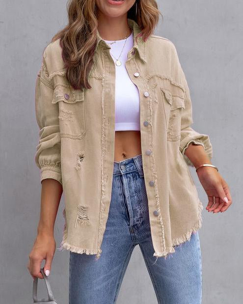 DISTRESSED LONG SLEEVE DENIM JACKET（5 COLORS）