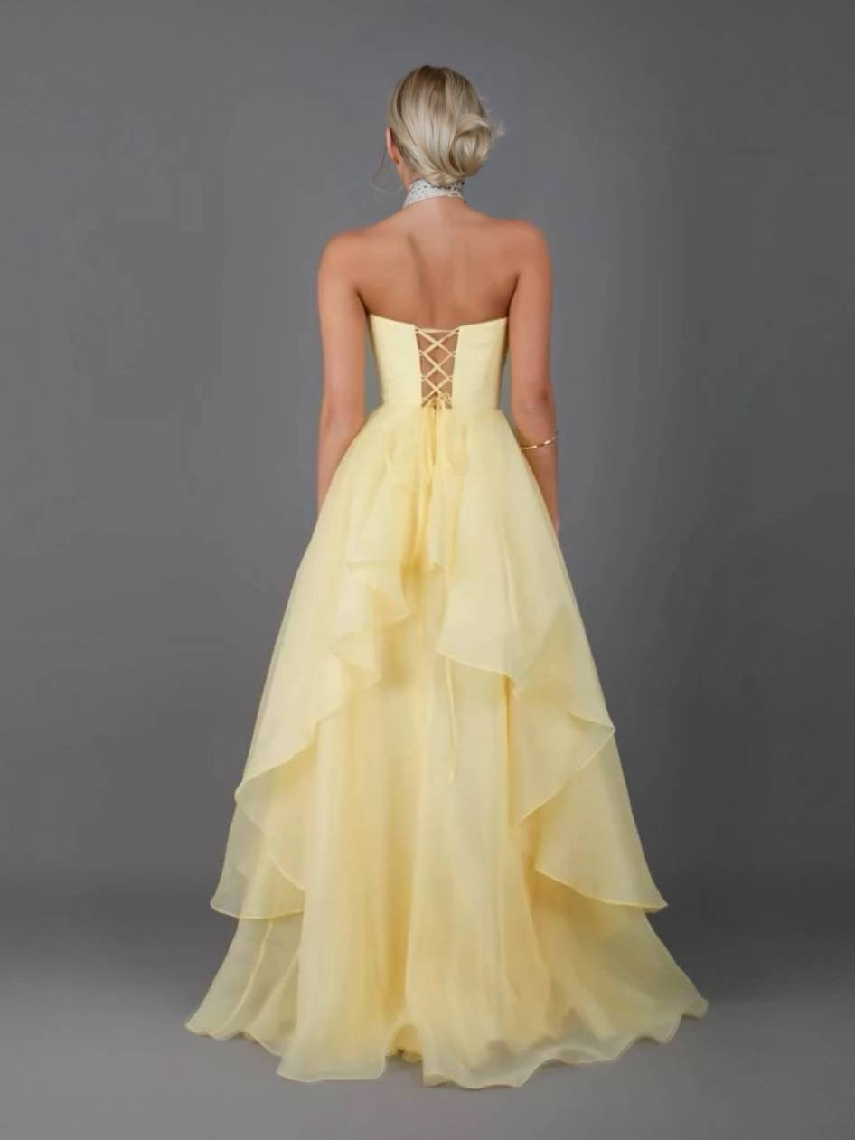 Tube Top Front Slit Multi-layer Maxi Dress