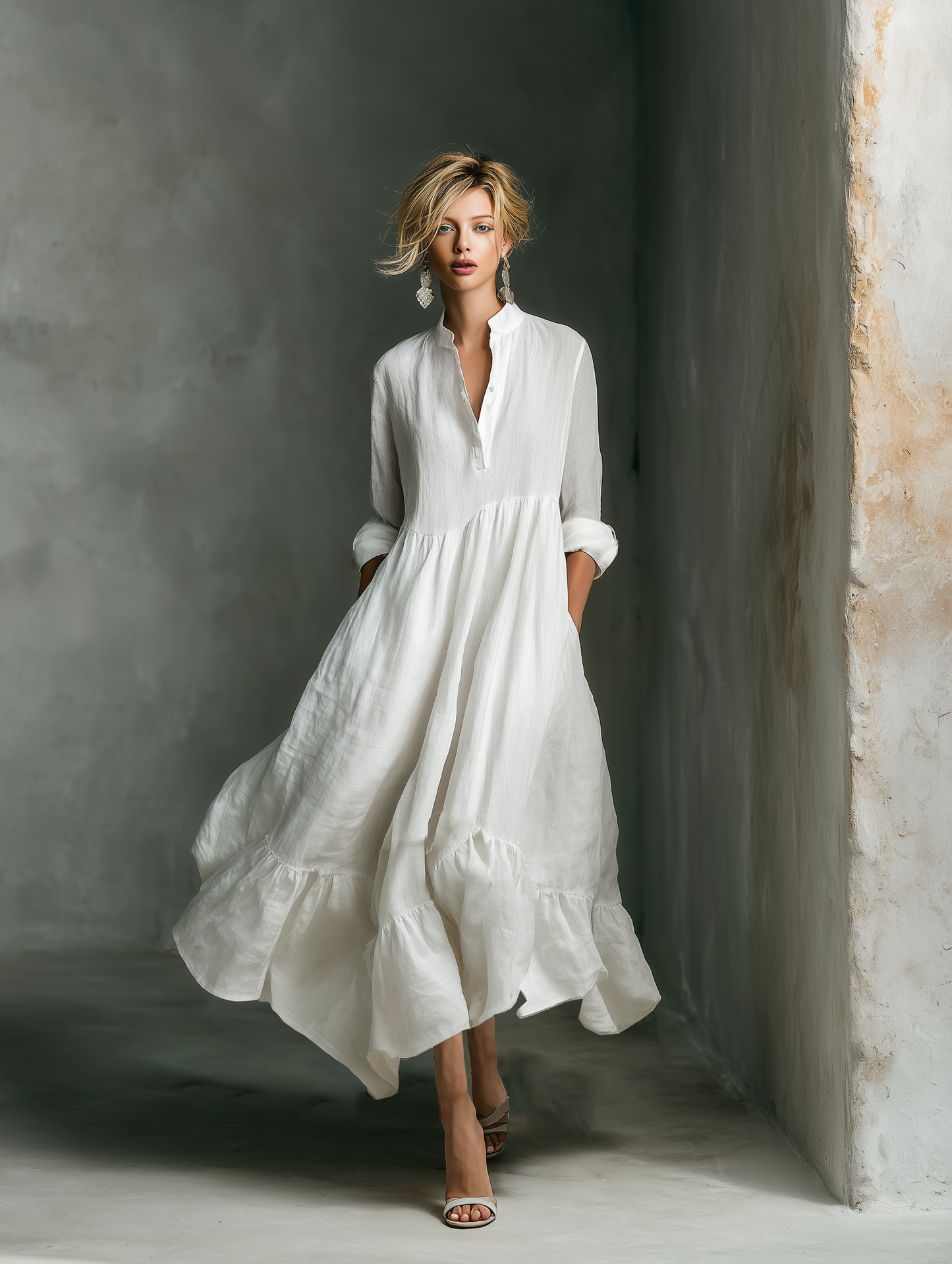 Women's White Long-sleeved Ruffled Maxi Dress