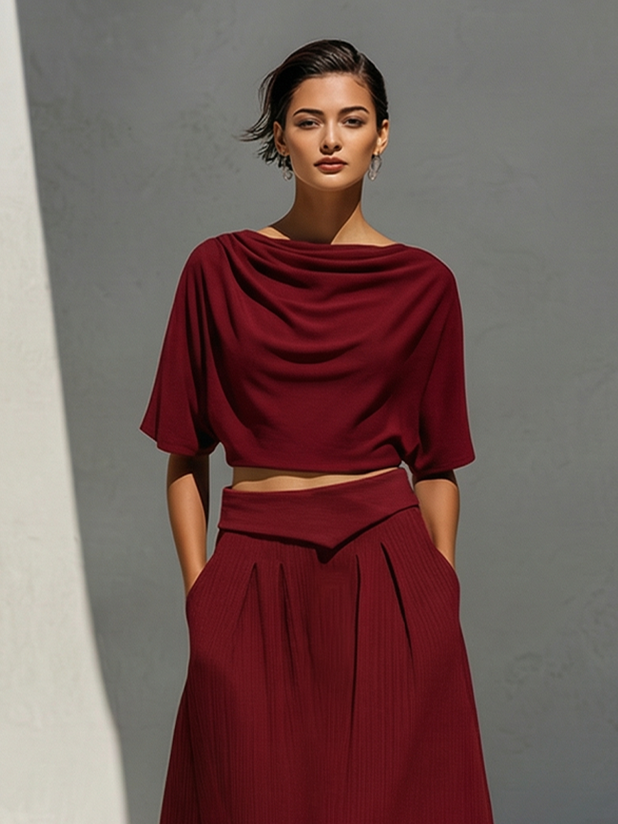 Women's Burgundy Lightweight Knit Set With Relaxed Fit & Side Pockets, Contemporary Effortless-Resort Style Set