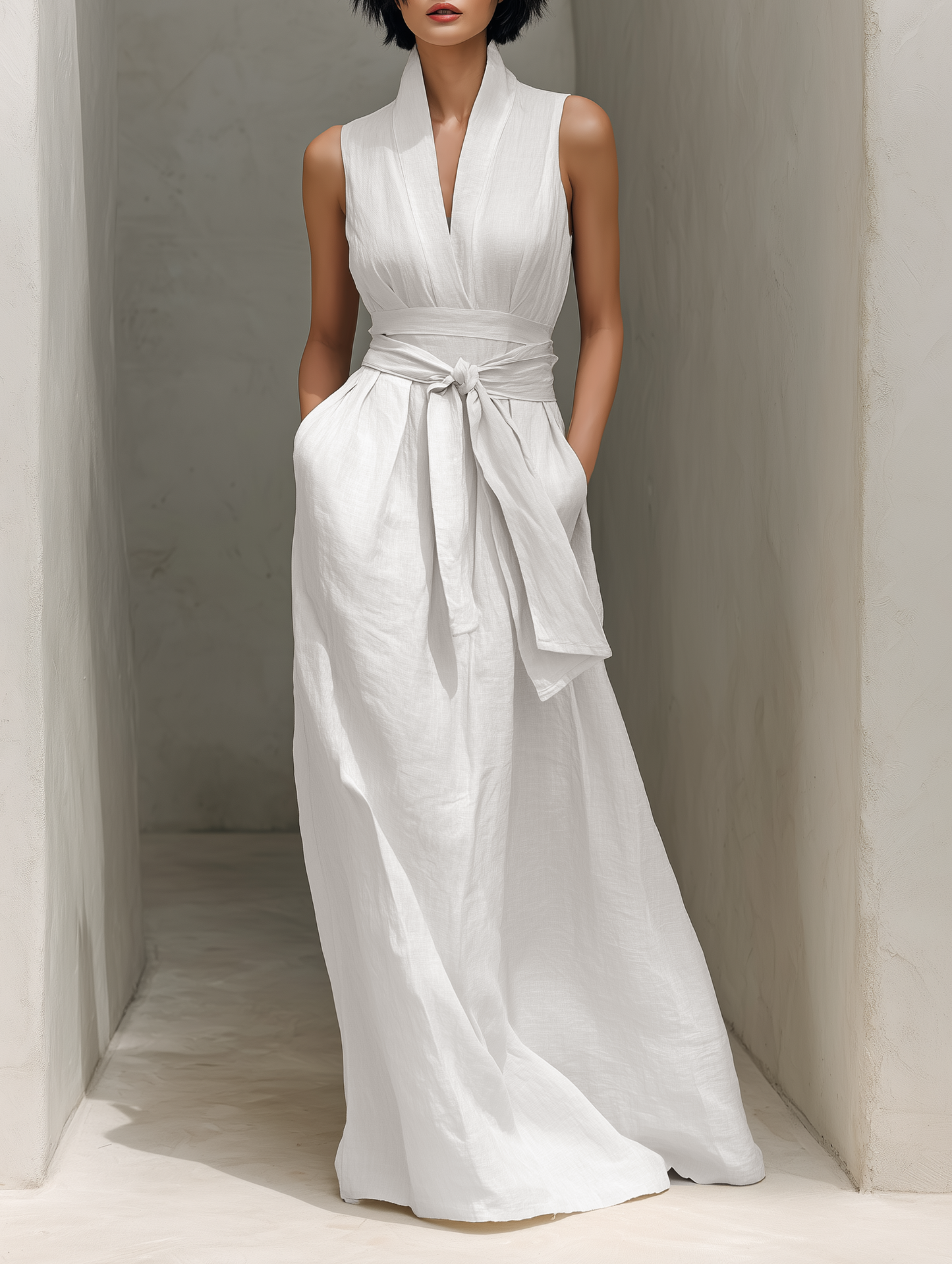 Women's Minimalist Cotton And Linen Blend V-neck Belted Sleeveless Maxi Dress
