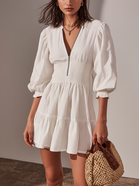 Women's Casual White Cotton-Linen Short Dress With Round Neck, Mid-Length Sleeves, And Zipper Detail