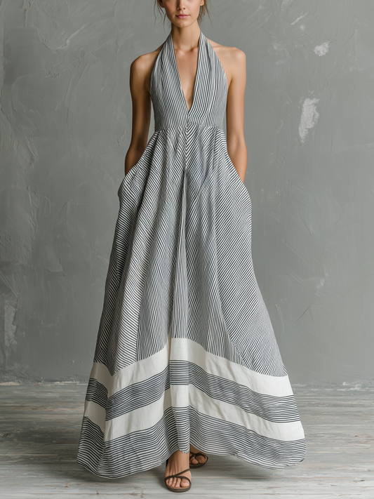 Women's Casual Grey & White Striped Halter-Neck Sleeveless Woven Maxi Dress