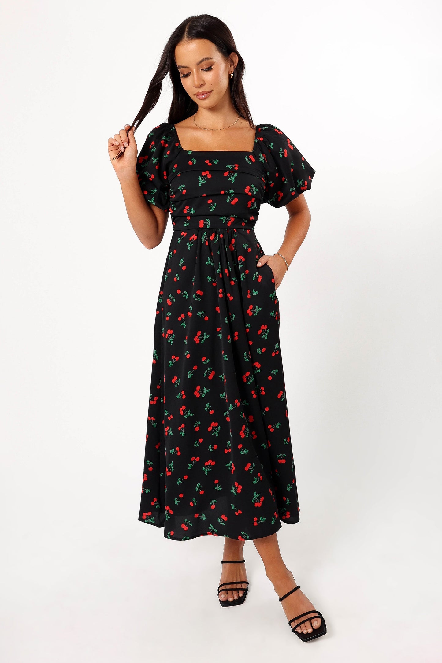 Chlo Puff Sleeve Midi Dress - Cherry Print