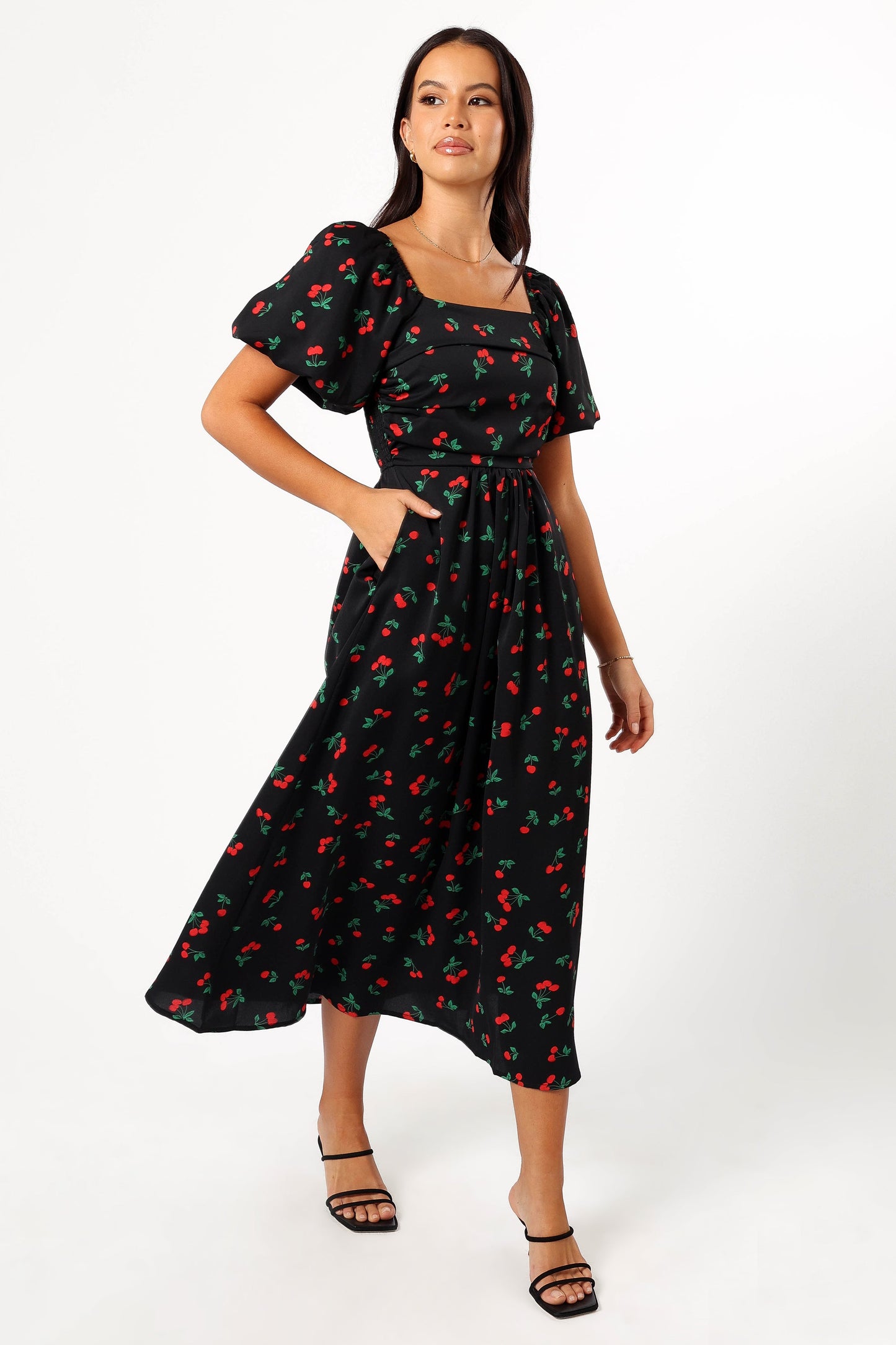 Chlo Puff Sleeve Midi Dress - Cherry Print