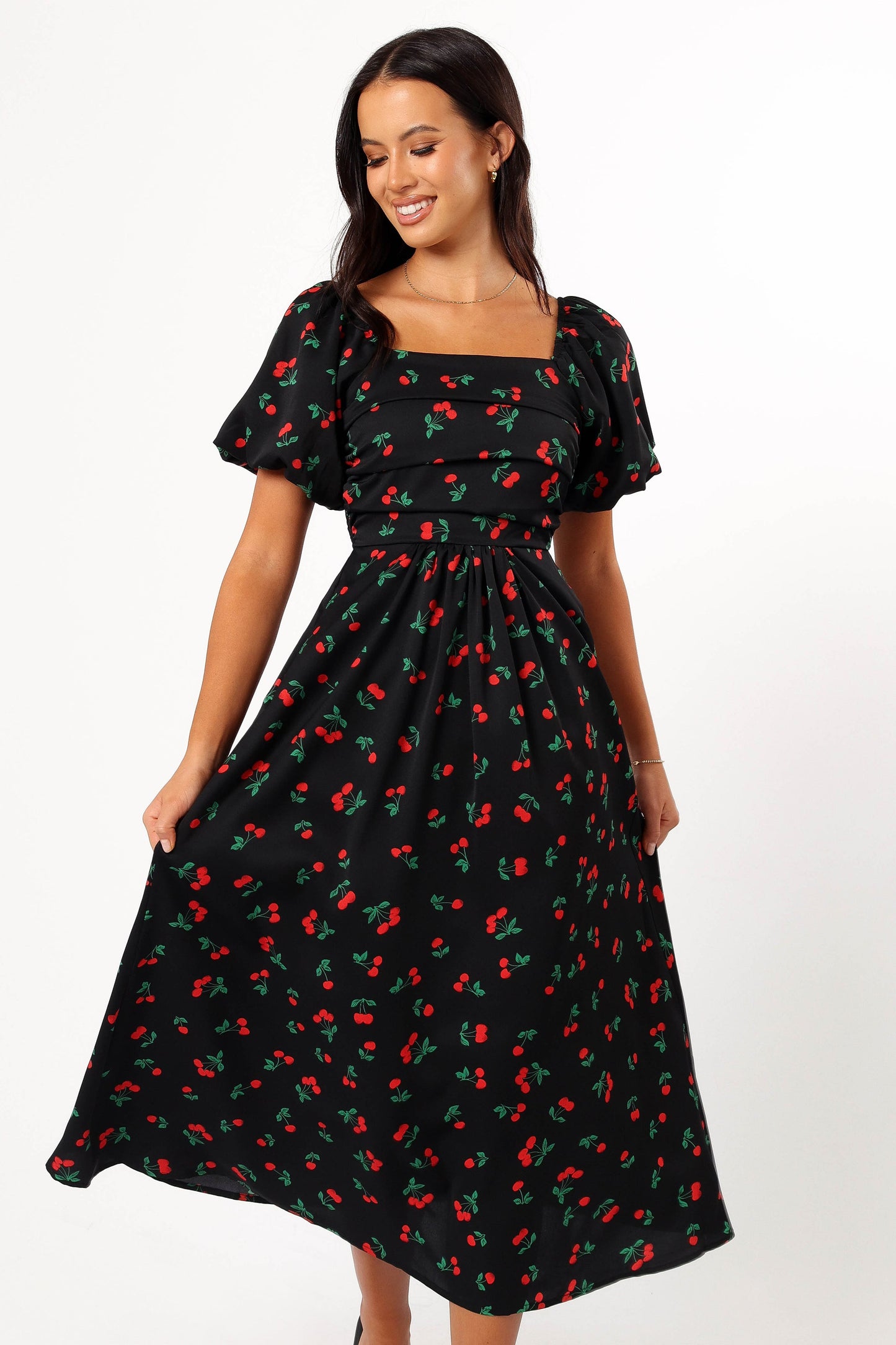 Chlo Puff Sleeve Midi Dress - Cherry Print