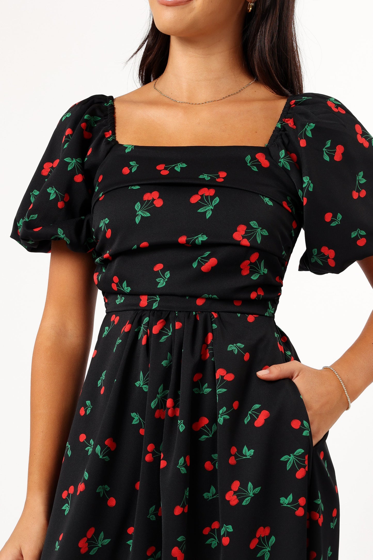 Chlo Puff Sleeve Midi Dress - Cherry Print