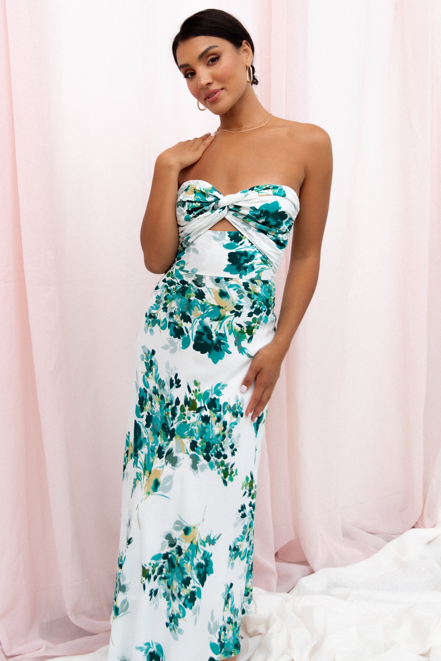 Teagan Strapless Midi Dress - Green Floral