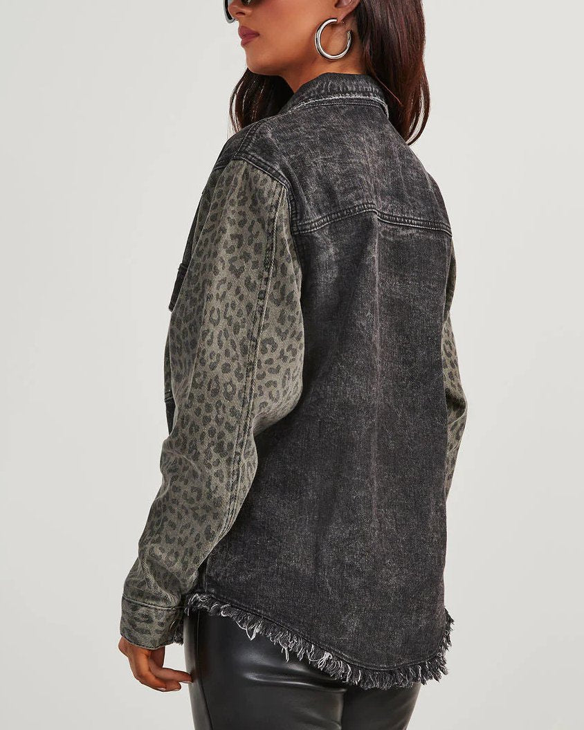 Leopard-Print Denim Distressed Jacket