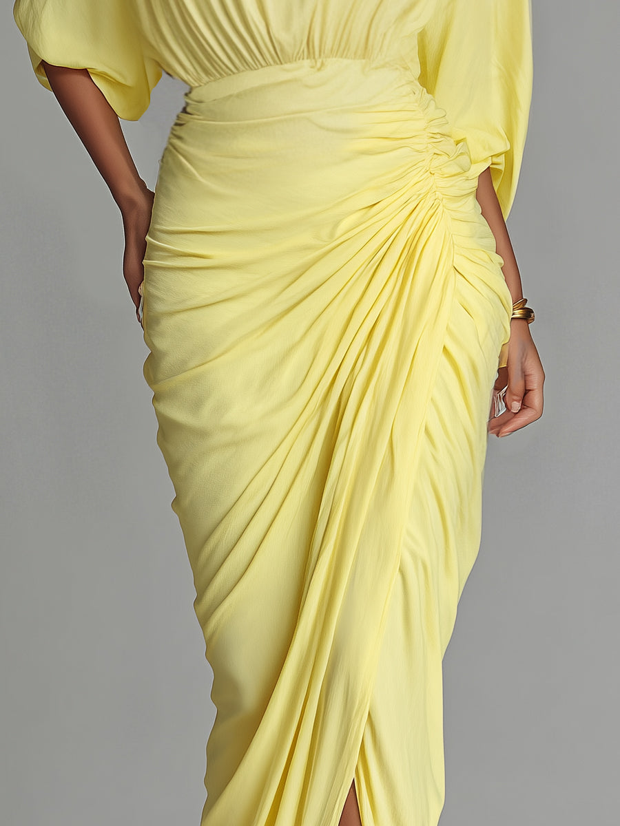 Women's Bright Yellow Drape Comfortable Blended Maxi Dress