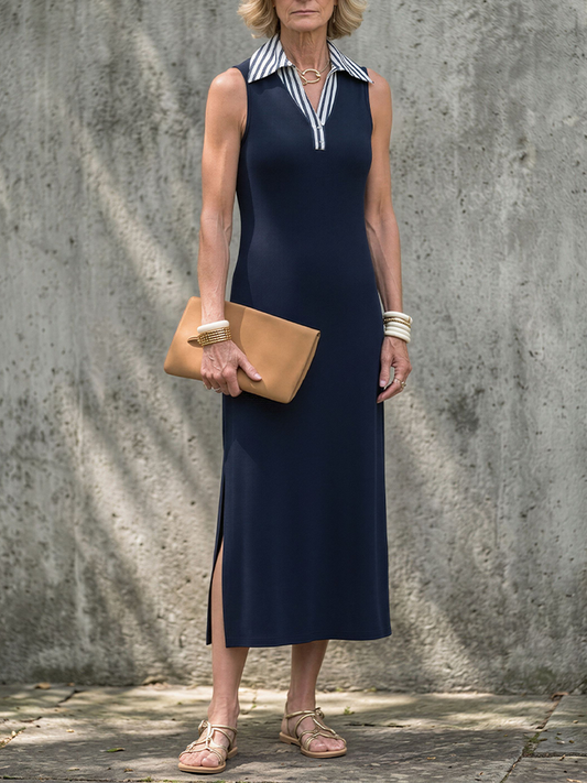 Women's Dark Blue Sleeveless Polo Dress With Contrast Collar, Modern Minimalist Everyday Midi Dress